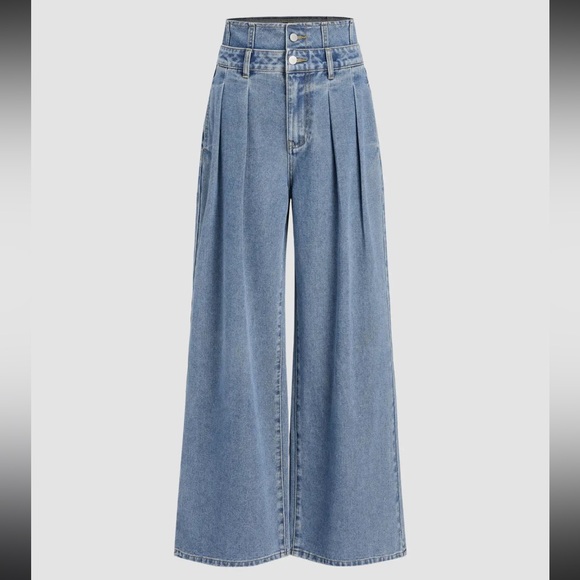 Cider Denim - NWT Cider DOUBLE HIGH RISE SOLID BUTTON Wide Leg Jeans Light / Medium Wash
